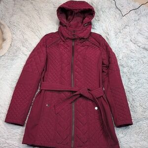Sebby Jacket Womens‎ M Red Removable Hood Pockets Coat Zip Up Belted Comfort
